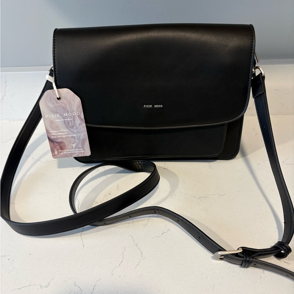 Pixie Mood Black Smooth Flap Crossbody Bag